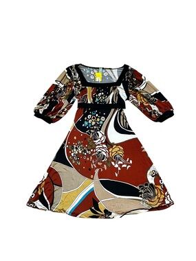 Vintage 90s Kala Empire Waist Mini Dress Tie Back Psychedelic 70s Retro Boho